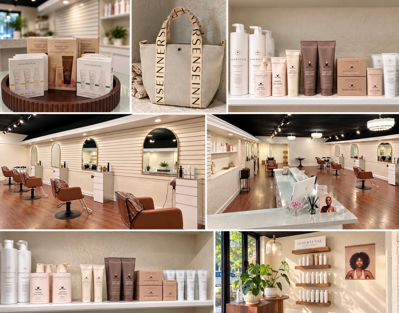 Around the Rae + Co studio: Innersense products and tote, the styling stations and the front desk